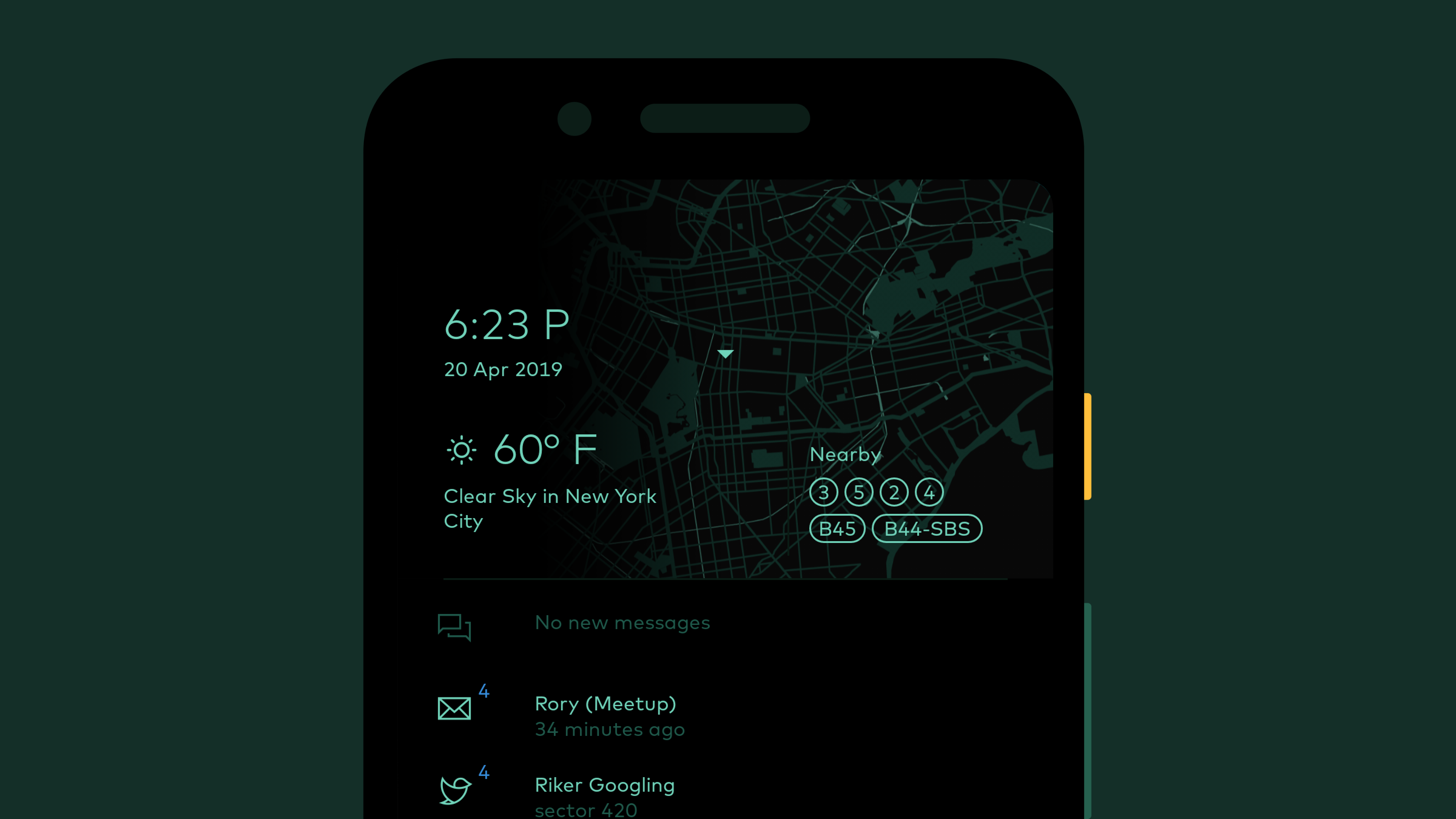 Rendering of a custom phone dashboard showing a local map, weather, messages, and other quick actions