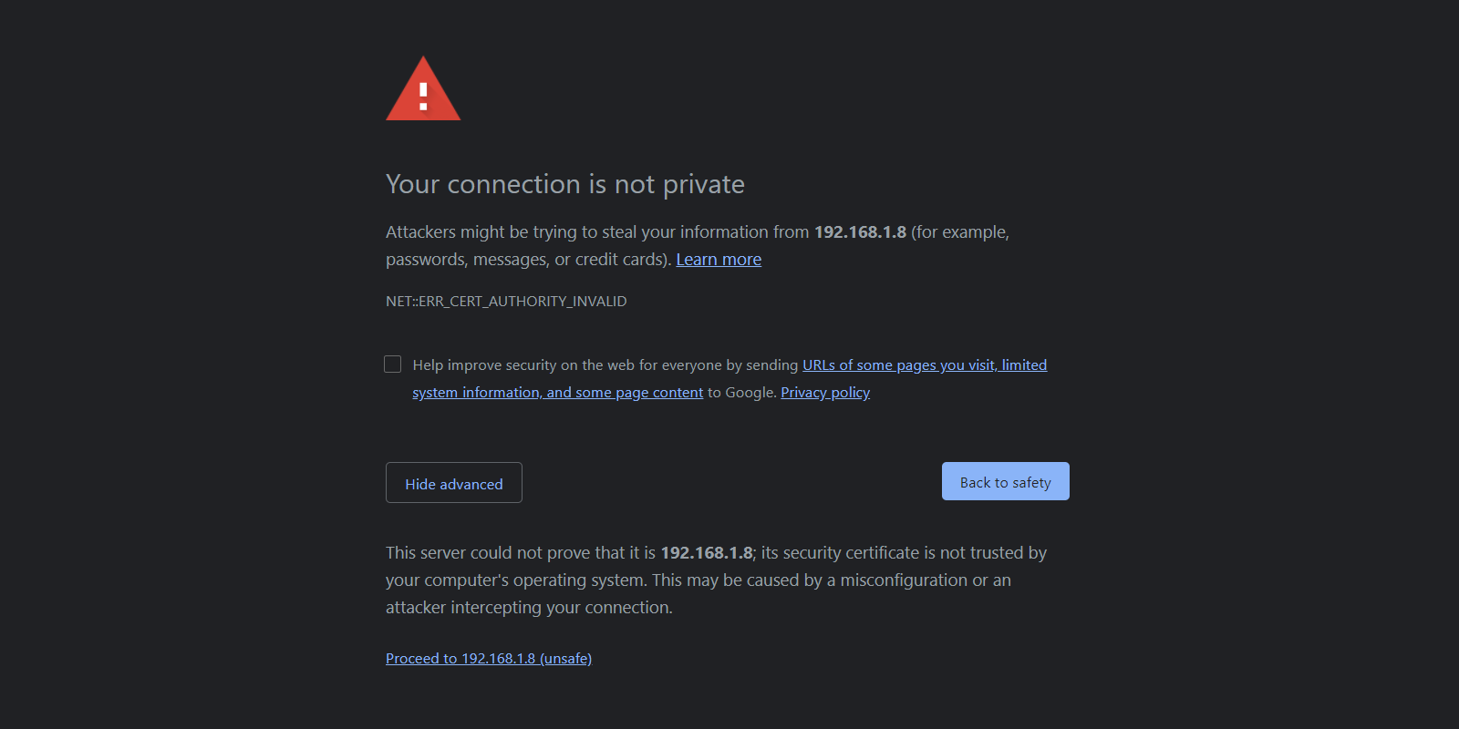 Scary Chrome warning that a site's certificate is not trusted